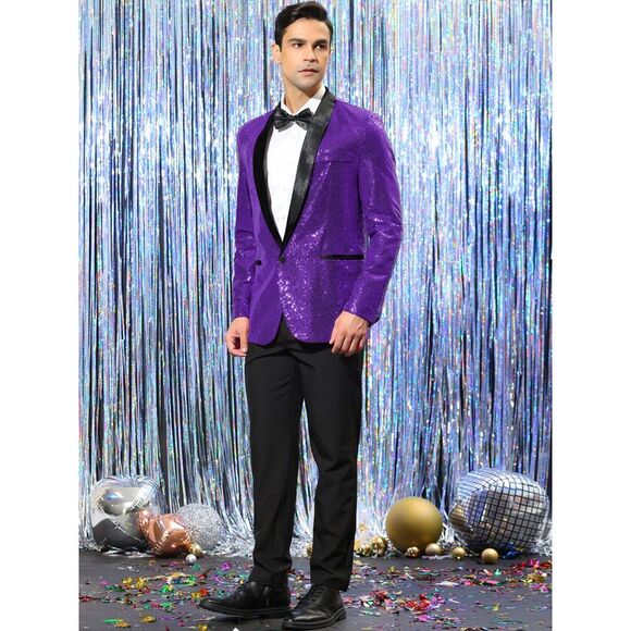 Sequin Sport Coats Shawl Lapel One Button Wedding Shiny Blazer Purple - Picture 4 of 6
